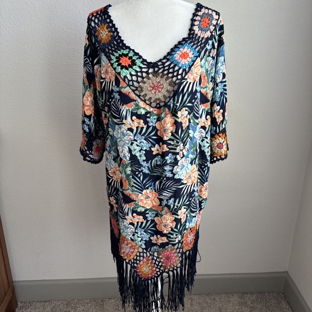 ASHA Floral Crochet Fringe Beach Cover Up Kaftan Boho Resort One Size Resort